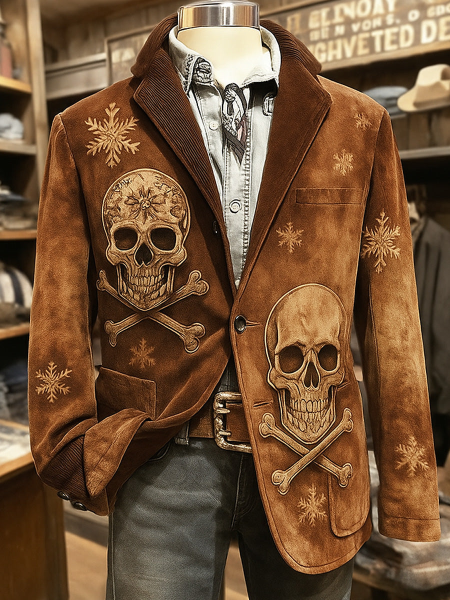 Men's Retro Western Style Christmas Skull Print Casual Corduroy Pocket Blazers